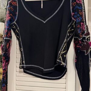 Free People Black Top with Multicolor Patterned Sleeves